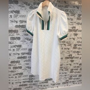 Cream Dress W Pockets Size Large NWT Ribbon Neckline and Sleeve Trim